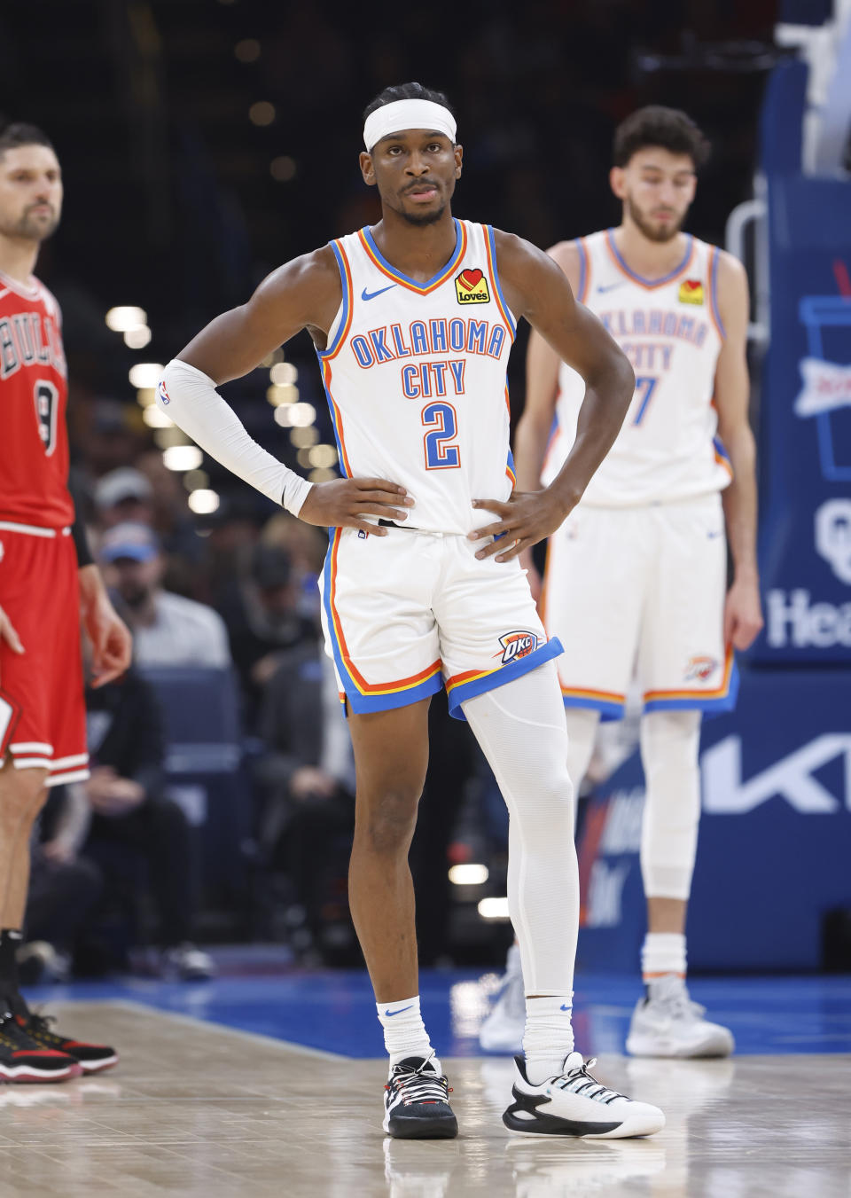 Nov 22, 2023; Oklahoma City, Oklahoma, USA; Oklahoma City Thunder guard Shai Gilgeous-Alexander (2) looks on during a time out against the Chicago Bulls in the first quarter at Paycom Center. Mandatory Credit: Alonzo Adams-USA TODAY Sports