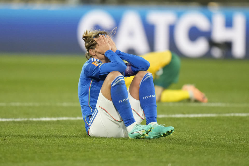 Italy's Cristiana Girelli cries after loosing the Women's World Cup Group G soccer match against South Africa in Wellington, New Zealand, Wednesday, Aug. 2, 2023. (AP Photo/Alessandra Tarantino)