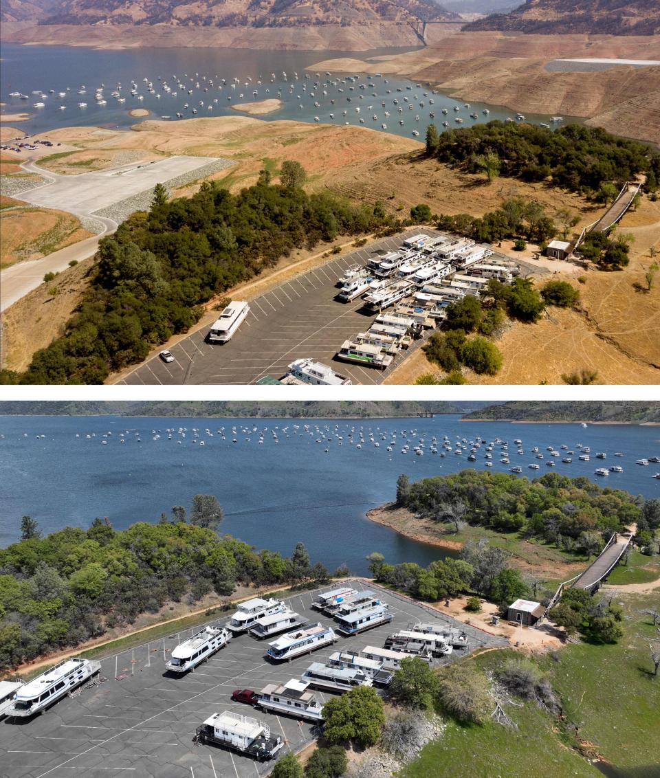 Houseboats parked at a marina at Lake Oroville in Oroville, California, on September 05, 2021 (top) and on April 16, 2023 (below).