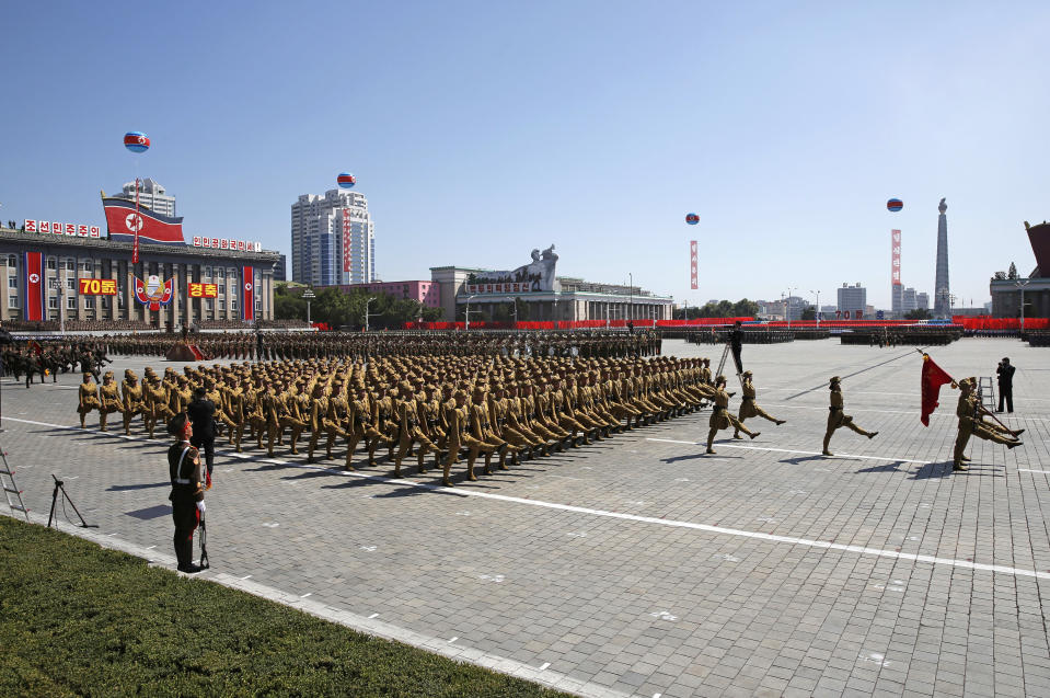 Soldiers march during a parade for the 70th anniversary of North Korea's founding day in Pyongyang, North Korea, Sunday, Sept. 9, 2018. North Korea staged a major military parade, huge rallies and will revive its iconic mass games on Sunday to mark its 70th anniversary as a nation. (AP Photo/Kin Cheung)