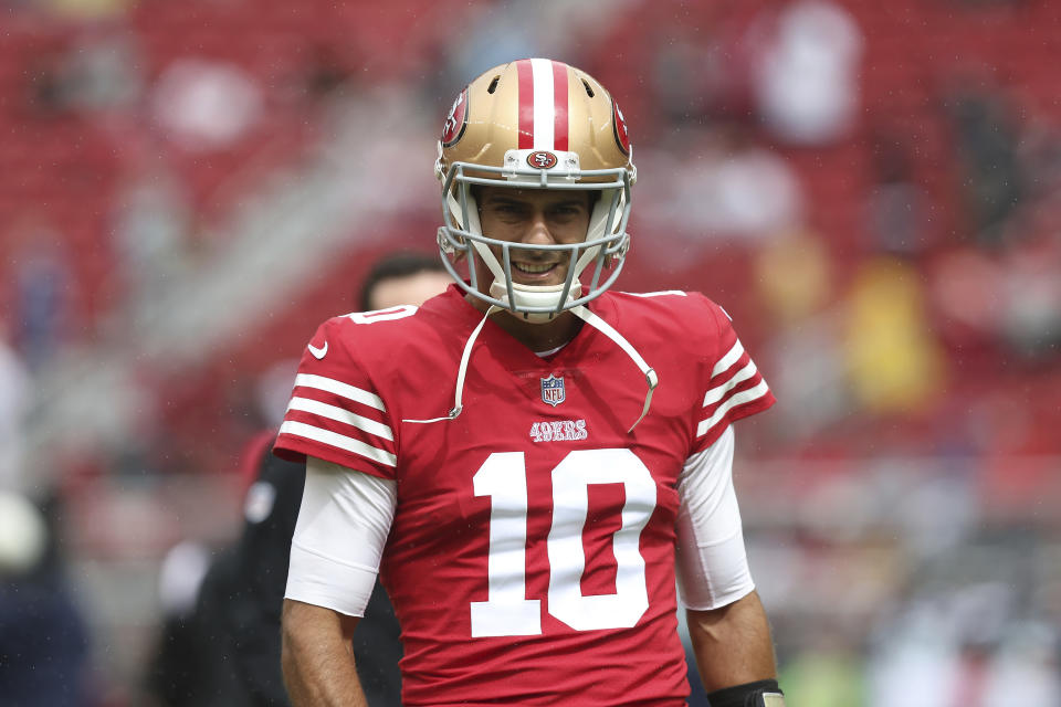 Jimmy Garoppolo and the 49ers host the Chiefs in NFL Week 7. (AP Photo/Lachlan Cunningham)