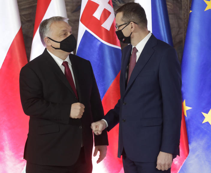 Polish Prime Minister Mateusz Morawiecki ,right, welcomes Hungarian Prime Minister Viktor Orban for a Visegrad Group meeting during welcoming ceremony ahead of a ceremonious meeting that marks 30 years of central Europe's informal body of cooperation between Poland, Hungary, Slovakia and The Czech Republic, called the Visegrad Group, at the Wawel Castle in Krakow, Poland, Wednesday, Feb. 17, 2021.(AP Photo/Czarek Sokolowski)