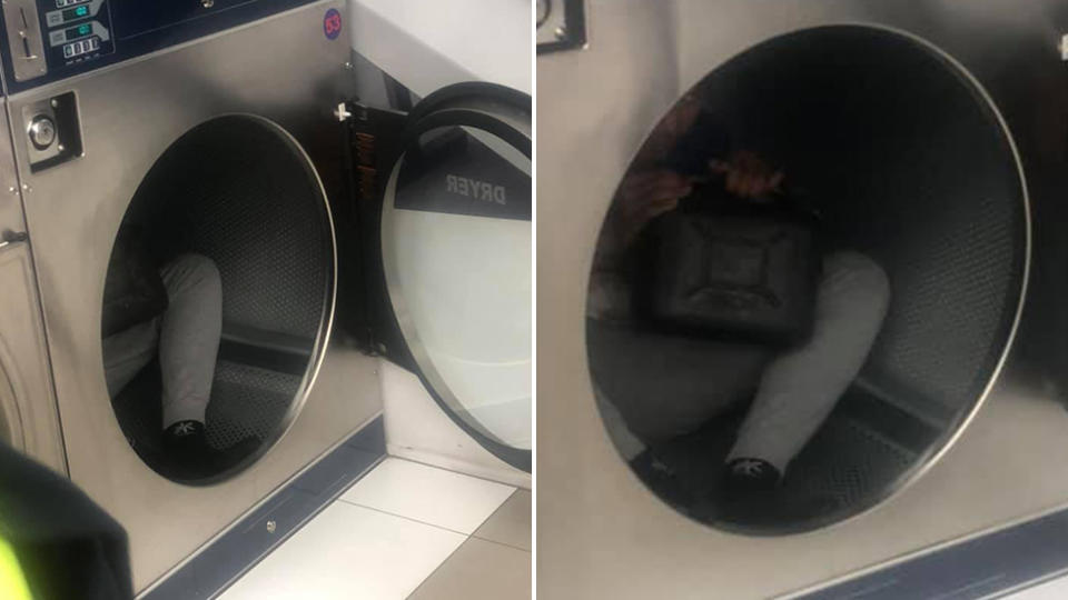 A woman came across a "boy" sitting in a dryer, sniffing petrol. Source: Facebook.