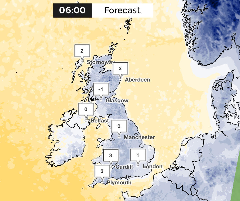 Temperature forecast for 6am Saturday. (Met Office)