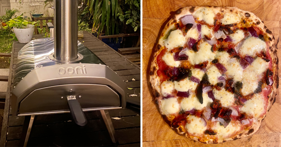 A home-cooked pizza next to the Ooni oven. 