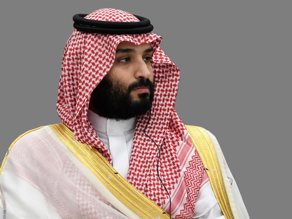 Mohammed bin Salman, as Saudi Arabia Crown Prince, at the G-20 summit, Osaka, Japan, graphic element on gray