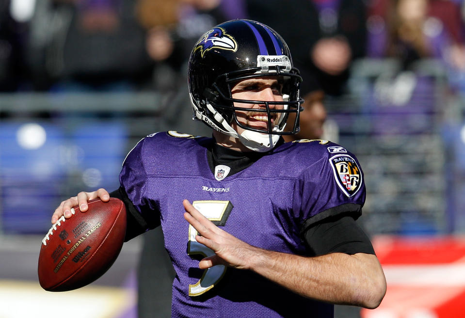 BALTIMORE, MD - JANUARY 15: Quarterback Joe Flacco #5 of the Baltimore Ravens warms-up prior to the start of the AFC Divisional playoff game against the Houston Texans at M&T Bank Stadium on January 15, 2012 in Baltimore, Maryland. (Photo by Rob Carr/Getty Images)