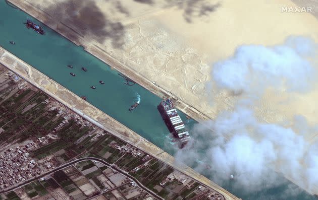 The Ever Given was stuck in the Suez Canal for a grand total of six long, embarrassing days (Photo: DigitalGlobe/ScapeWare3d via Getty Images)