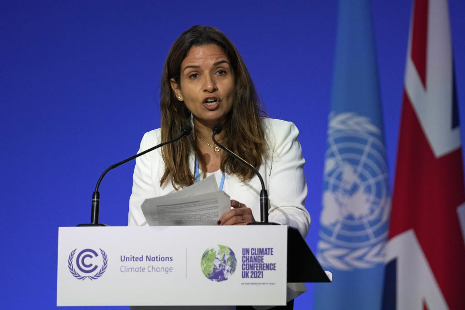 Leila Benali, Moroccan Minister of Energy Transition and Sustainable Development speaks on Energy at the COP26 U.N. Climate Summit in Glasgow, Scotland, Thursday, Nov. 4, 2021. The U.N. climate summit in Glasgow gathers leaders from around the world, in Scotland's biggest city, to lay out their vision for addressing the common challenge of global warming. (AP Photo/Alastair Grant)