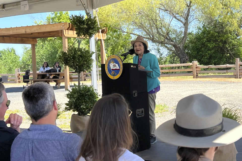 Civil Rights activist Dolores Huerta speaks during a ground breaking ceremony where the state will open its first new state park in a decade at the Dos Rios property, in Modesto, Calif. on Monday April 22, 2024. The announcement comes as the state sets targets for cutting planet-warming emissions on natural lands. (AP Photo/Sophie Austin)