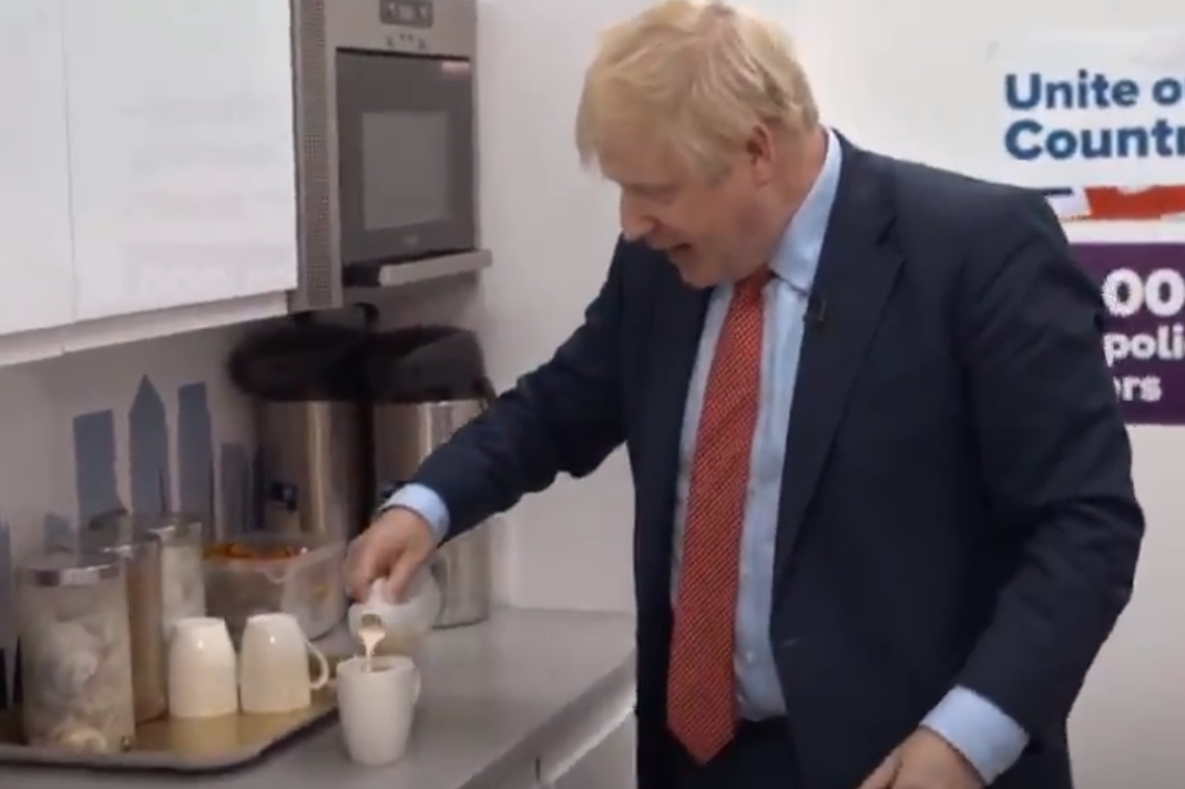 Storm in a teacup: Boris Johnson makes himself a brew at Tory HQ during an election broadcast for social media. The PM didn't take the teabag out and viewers jumped to criticise him