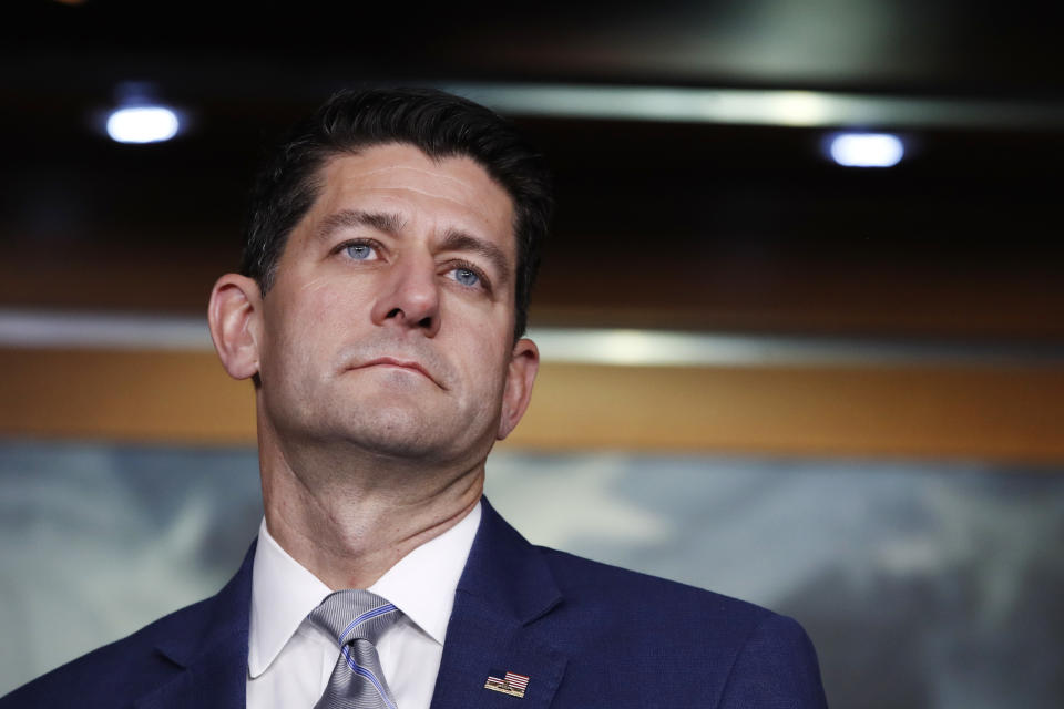 House Speaker Paul Ryan of Wis., attends a news conference, Thursday, Sept. 13, 2018, in Washington. Ryan is rejecting President Donald Trump's assertion an official government death toll for last year’s hurricane in Puerto Rico is wrong. The Wisconsin Republican says he has "no reason to dispute" a study that found nearly 3,000 people on the island died from Hurricane Maria last year. (AP Photo/Jacquelyn Martin)