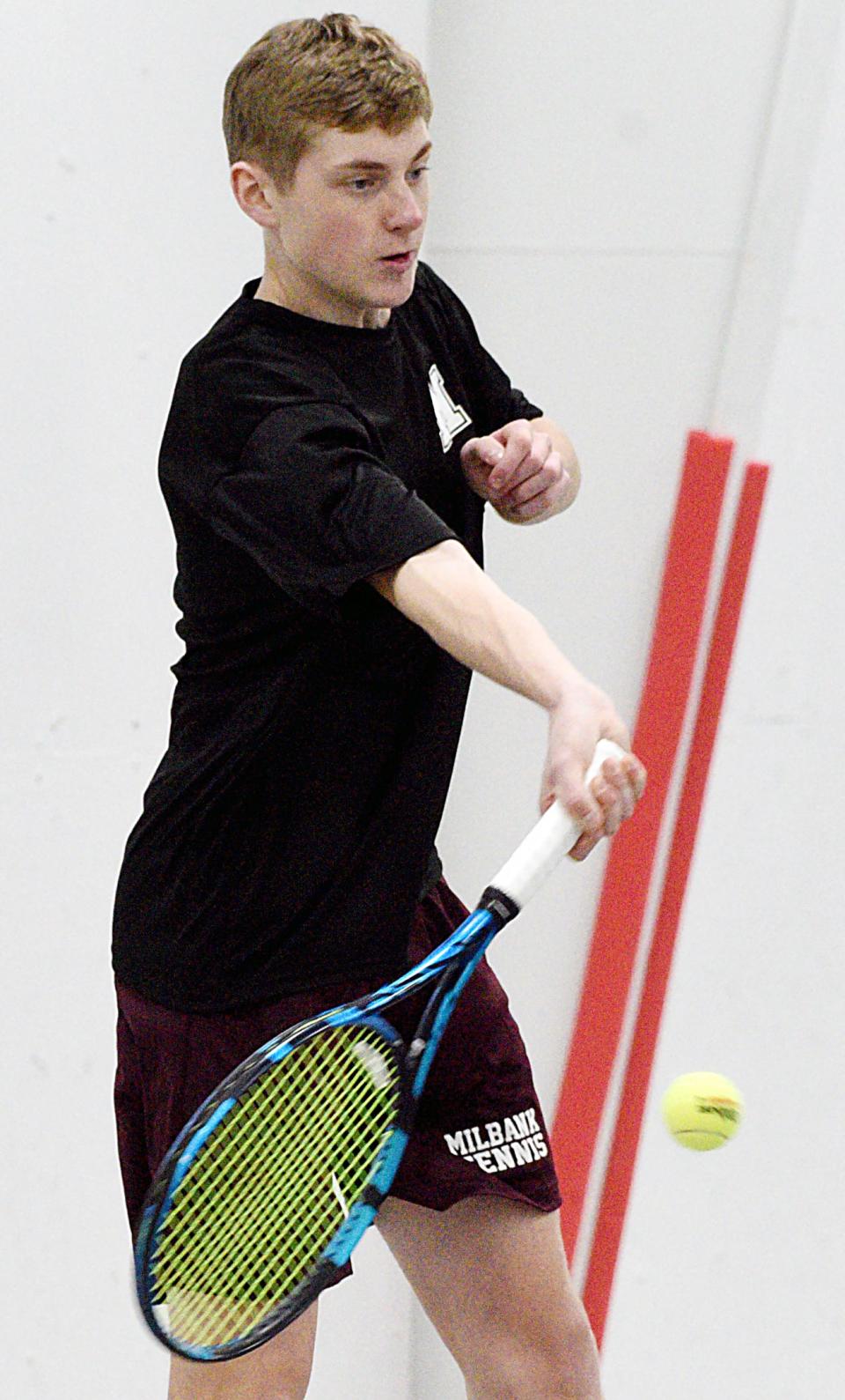 Milbank's Joe Schulte hits a return shot during flight one doubles action against Yankton during a high school boys tennis triangular on Thursday, April 6, 2023, at the NFAA Easton Center in Yankton.