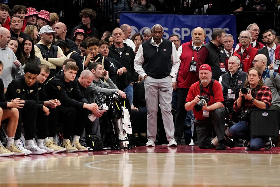 Feb 18, 2024; Columbus, Ohio, USA; Ohio State Buckeyes athletic director Gene Smith watches during the second half of the NCAA men’s basketball game against the Purdue Boilermakers at Value City Arena. Ohio State won 73-69.