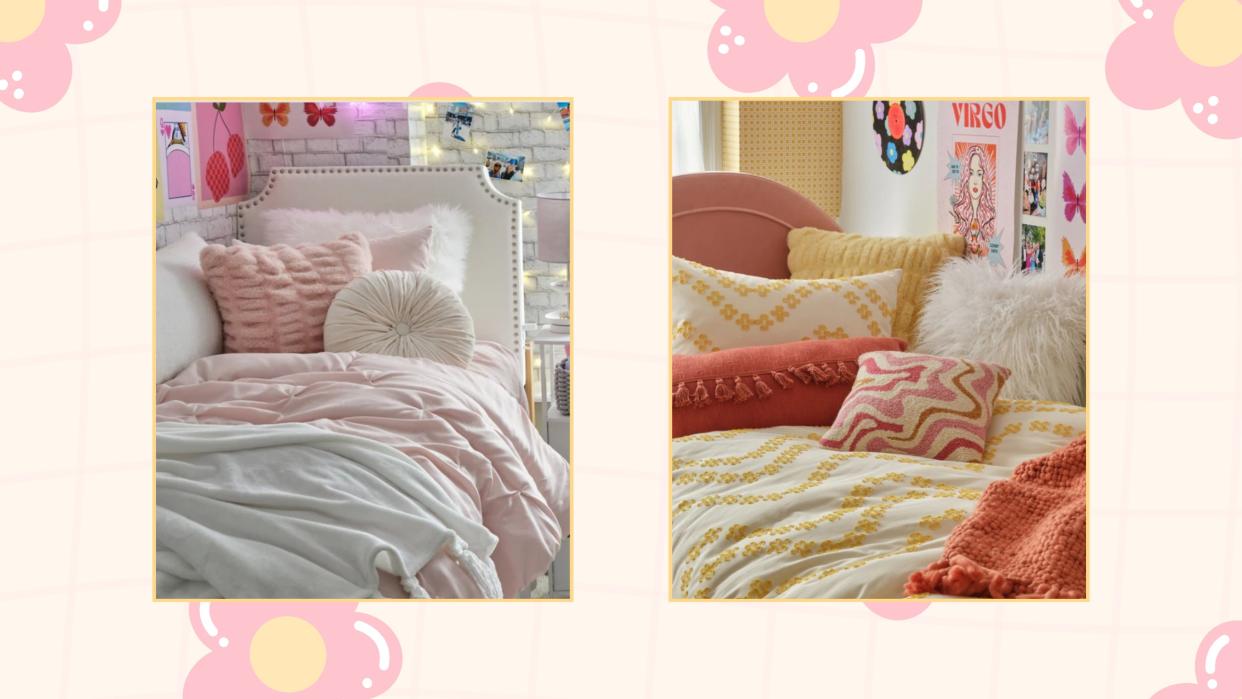  A graphic of two colorful dorm rooms on a flower background 