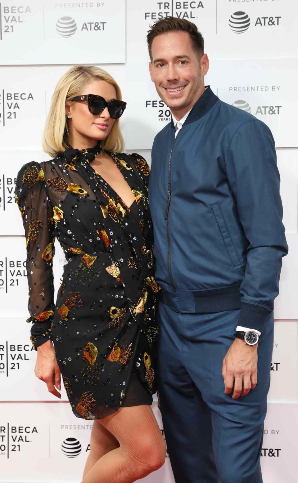 Paris Hilton (L) and Carter Reum attend the “This Is Paris" premiere during the 2021 Tribeca Festival at Hudson Yards on June 20, 2021 in New York City.