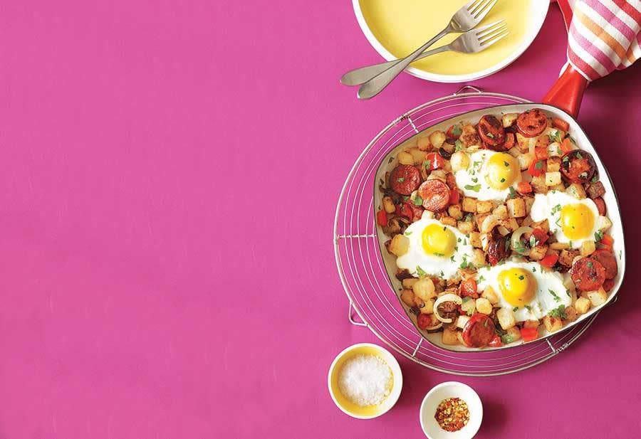 Potato, Pepper and Chorizo Hash with Fried Eggs