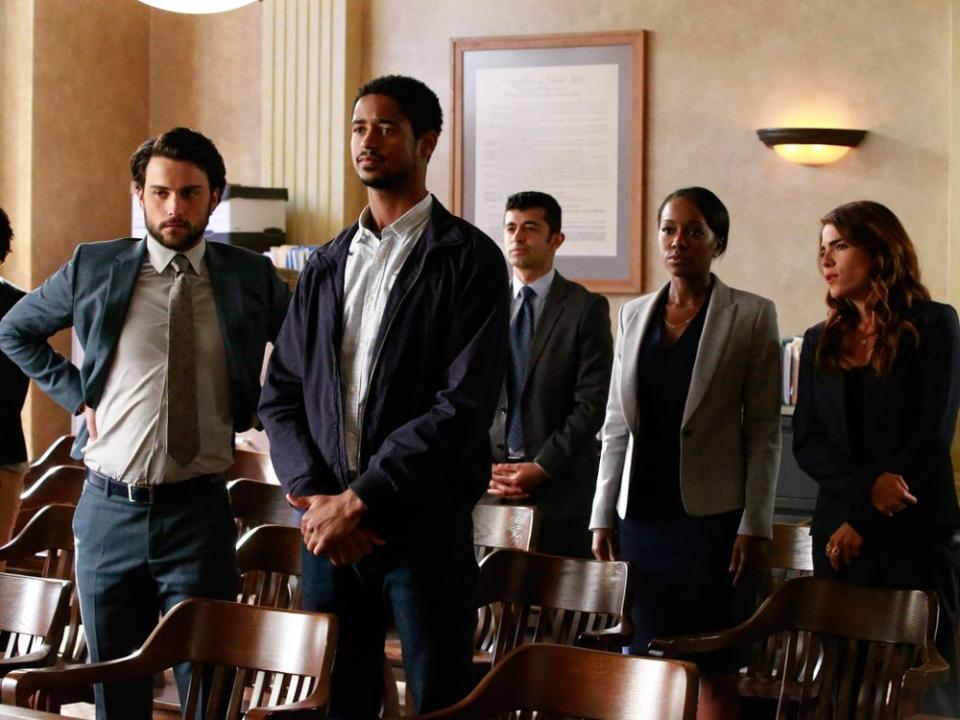 In a season 3 episode of HTGAWM (from left): Connor (Jack Falahee), Wes (Alfred Enoch), Michaela (Aja Naomi King) and Laurel (Karla Souza). | ABC/Mitch Haaseth