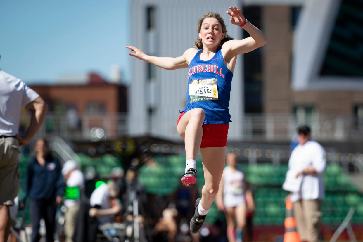 Addison Kleinke jumps for Churchill in the girls long jump during the Oregon Relays Friday, April 19, 2024, at Hayward Field in Eugene, Ore.