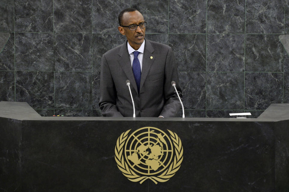 FILE - In this Wednesday, Sept. 25, 2013 file photo, Rwanda's President Paul Kagame addresses the 68th session of the General Assembly at United Nations headquarters in New York. Critics of Rwanda's government say the killing in South Africa in early Jan. 2014 of prominent Rwandan dissident Patrick Karegeya is another sign of an increasingly violent power struggle among the country's Tutsi elite who have held power since 1994. (AP Photo/Mary Altaffer, File)