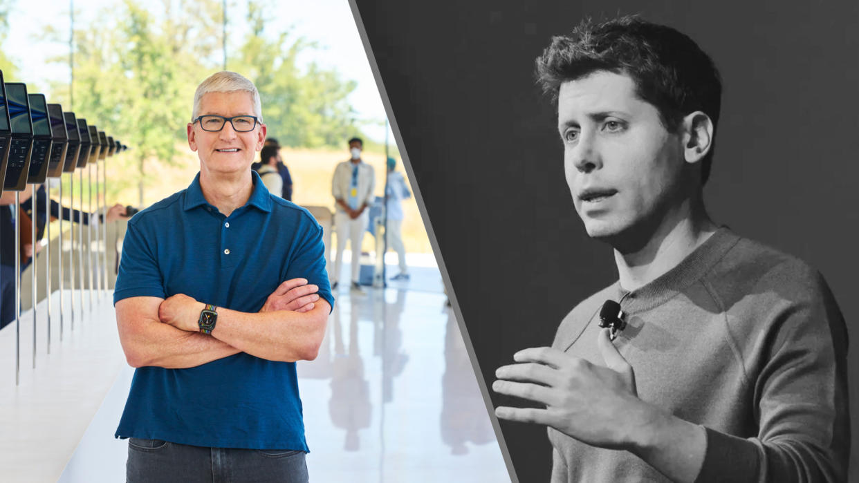  Tim Cook of Apple and Sam Altman of OpenAI in a split image. 