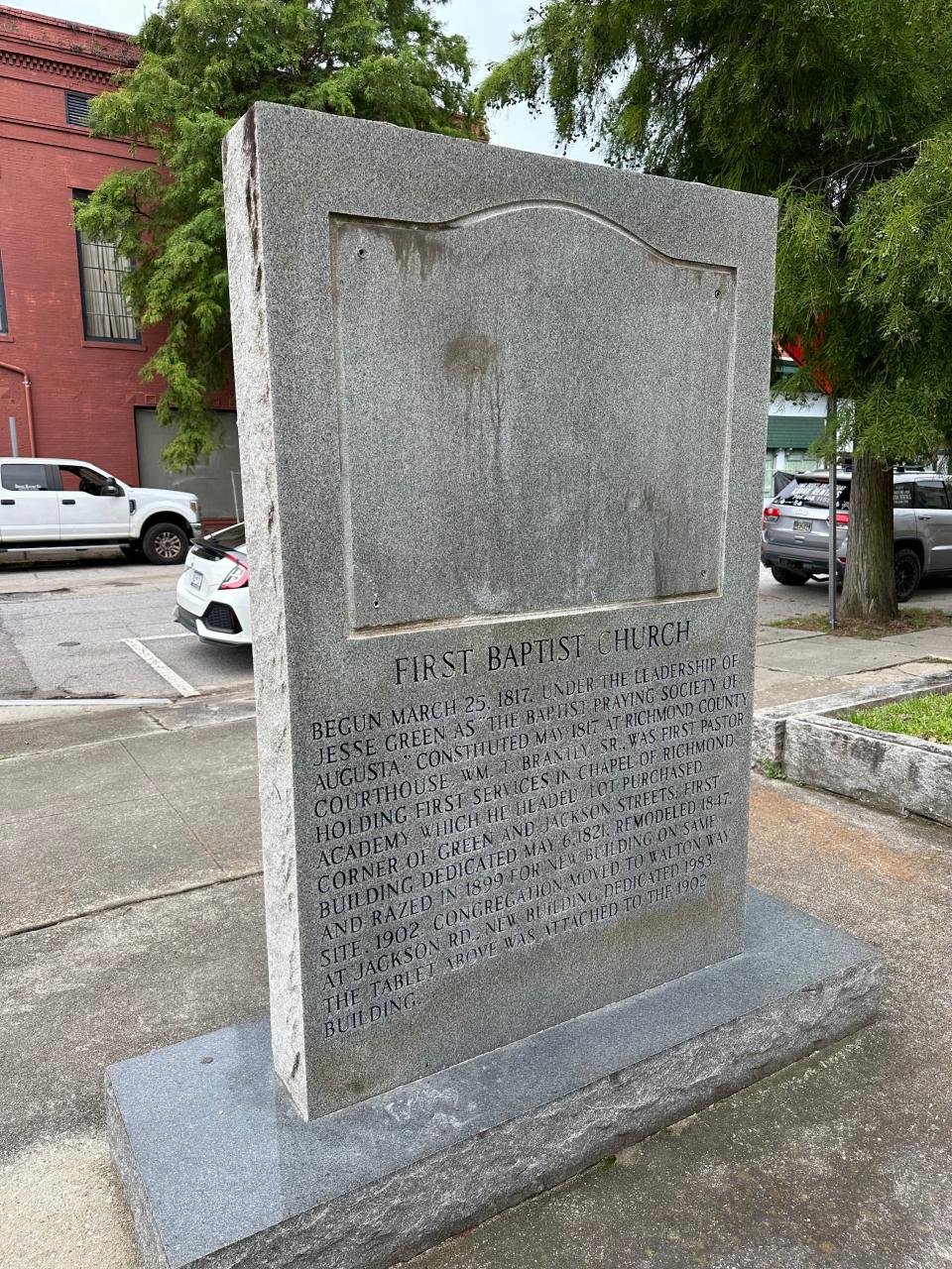 The bronze plaque was stolen off of the marker at the old First Baptist Church on Greene Street in Augusta.