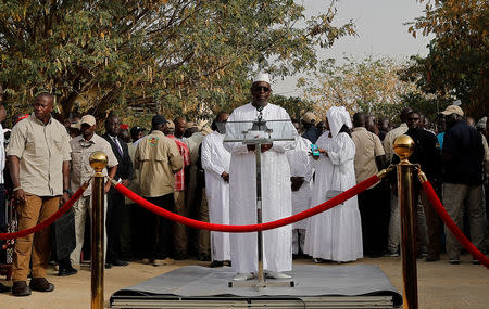 Senegal's President and candidate for the presidential elections Macky Sall speaks after casting his vote at a polling station in Fatick, Senegal February 24, 2019. REUTERS/Zohra Bensemra