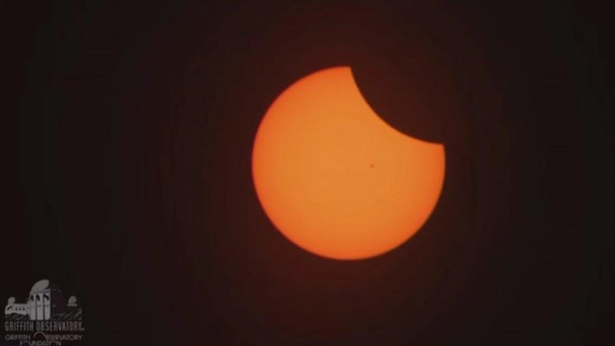 <div>The partial solar eclipse on Monday, April 8, 2024, as seen from the Griffith Observatory in Los Angeles. (Credit: Griffith Observatory Foundation)</div> <strong>(Griffith Observatory Foundation)</strong>