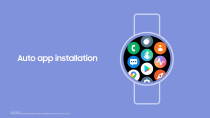 <p>A screenshot showing the new Samsung One UI Watch experience based on Wear OS. A watch with app icons filling the screen with the words "Auto app installation" on the left.</p> 