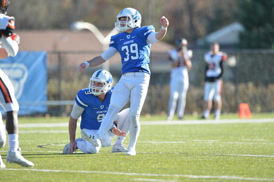 Cole Tracy kicks a field goal for Assumption College in 2017. (Photo courtesy of Assumption College)