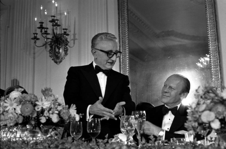 Pres. Gerald Ford (r) with Italian Prime Minister Giovanni Leone at a State Dinner in 1974. This was the first time only American wines were served at such an affair. Credit: Courtesy Gerald R. Ford Library