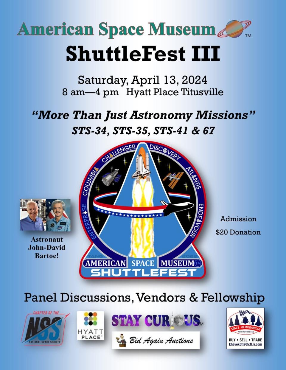 The promotional flyer for ShuttleFest III, which will be held at the Hyatt Place in Titusville on Saturday, April 13th.