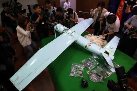 A small aircraft, which South Korea's Military says is a drone from North Korea, is seen at the Defense Ministry in Seoul, South Korea, June 21, 2017. Lee Jung-hoon/Yonhap via REUTERS
