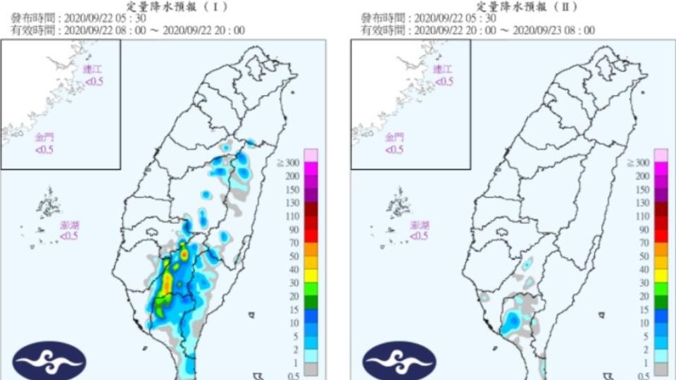 今（22）日雨區預報圖。（圖／翻攝自中央氣象局）