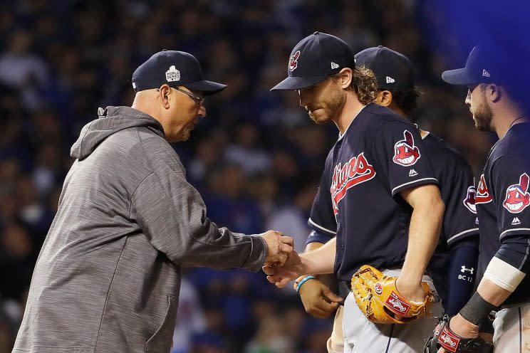 Josh Tomlin leaves Game 3 of the World Series after 4 2/3 scoreless innings. (Getty Images/Jamie Squire)