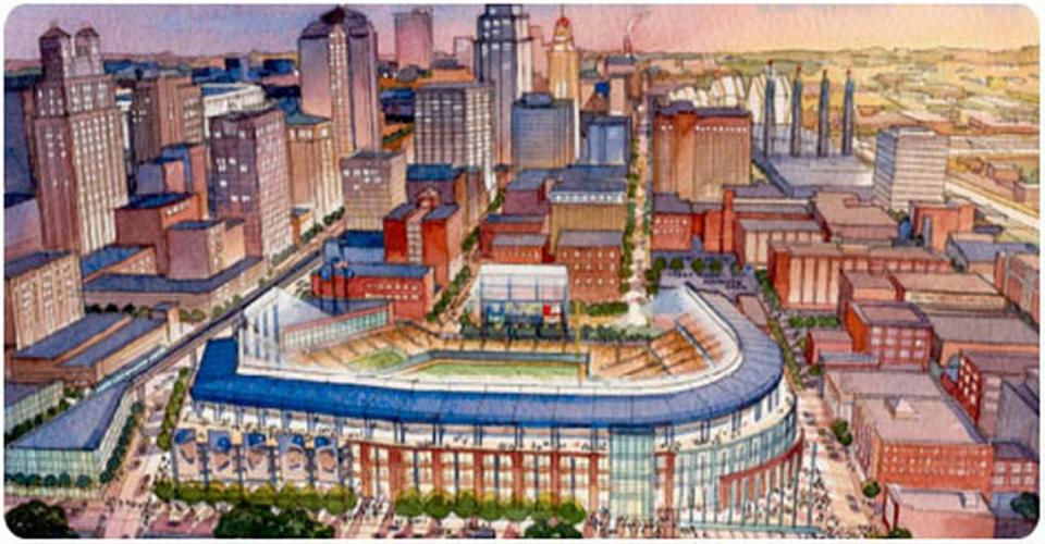 Discussions about building a baseball stadium in downtown Kansas City have been around for a while. This rendering from 2005 shows a potential downtown ballpark in the North Loop area around Seventh Street and Baltimore Avenue looking south. HOK Sports+Venue+Events
