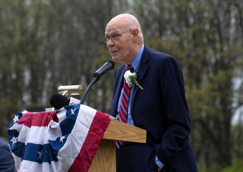 Dr. Robert Wilson speaks at the ceremony dedicating a Holmdel park in his name that is home to the Horn Antenna. Wilson, along with Dr. Arno Penzias, discovered cosmic microwave background radiation in 1964 with use of the antenna. This discovery was the first evidence that the universe began with the Big Bang. 
Holmdel, NJ
Saturday, April 20, 2024