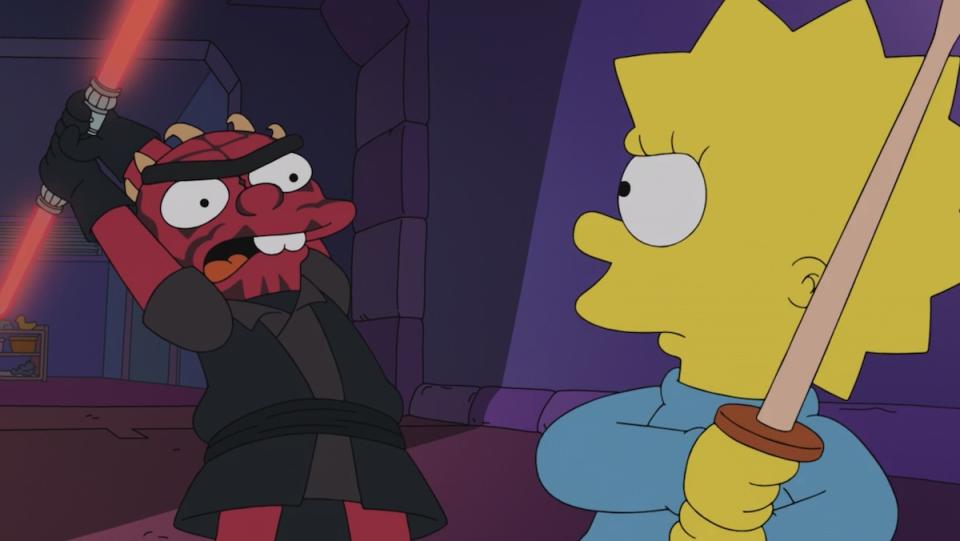 Sith Gerald, who looks like Darth Maul, tries to strike Maggie Simpson in a lightsaber duel