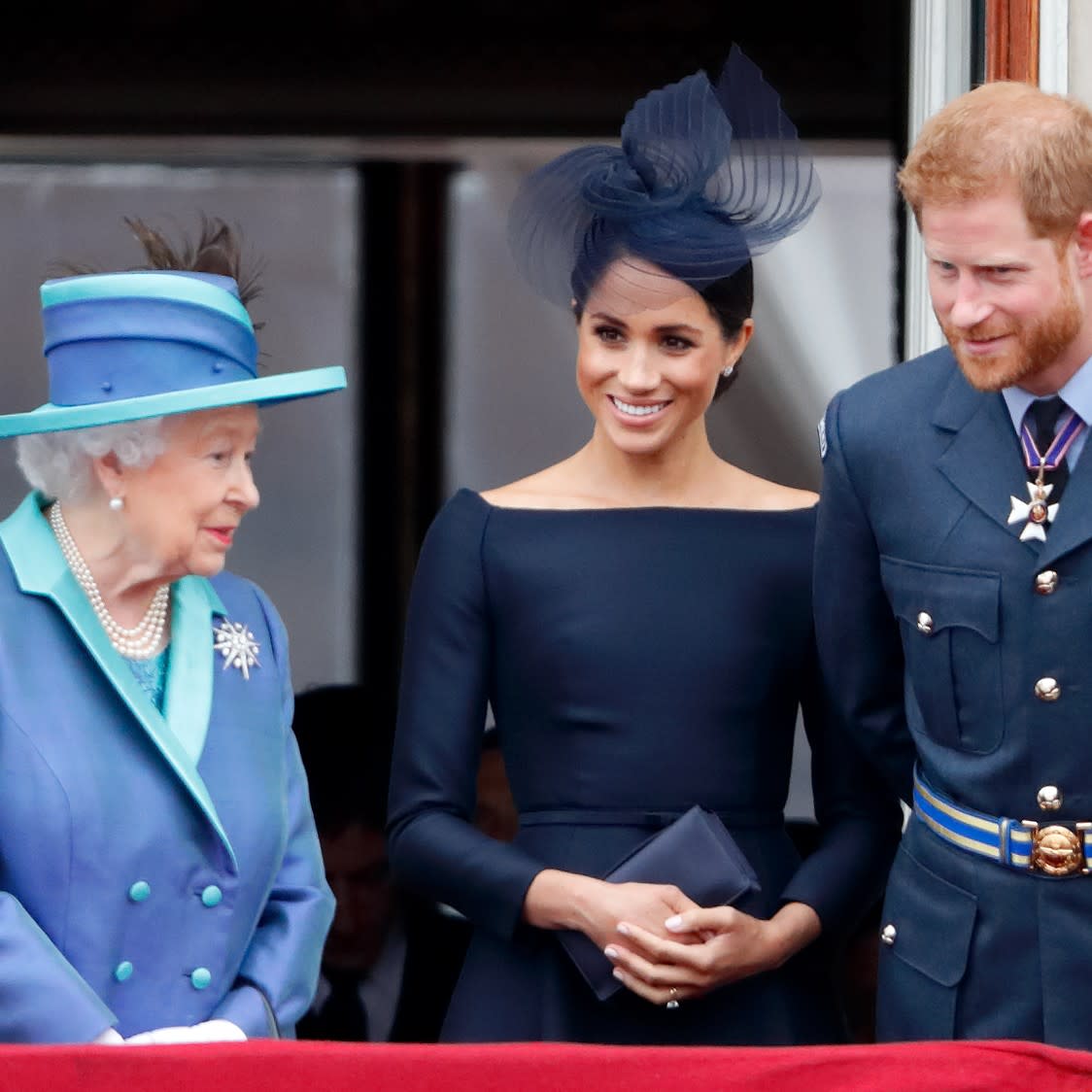  Queen Elizabeth, Prince Harry, and Meghan Markle at Trooping the Colour. 