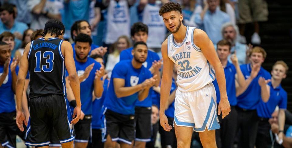 North Carolina’s Pete Nance (32) reacts after being called for a foul in the first half against Duke on Saturday, March 4, 2023 at the Smith Center in Chapel Hill, N.C.