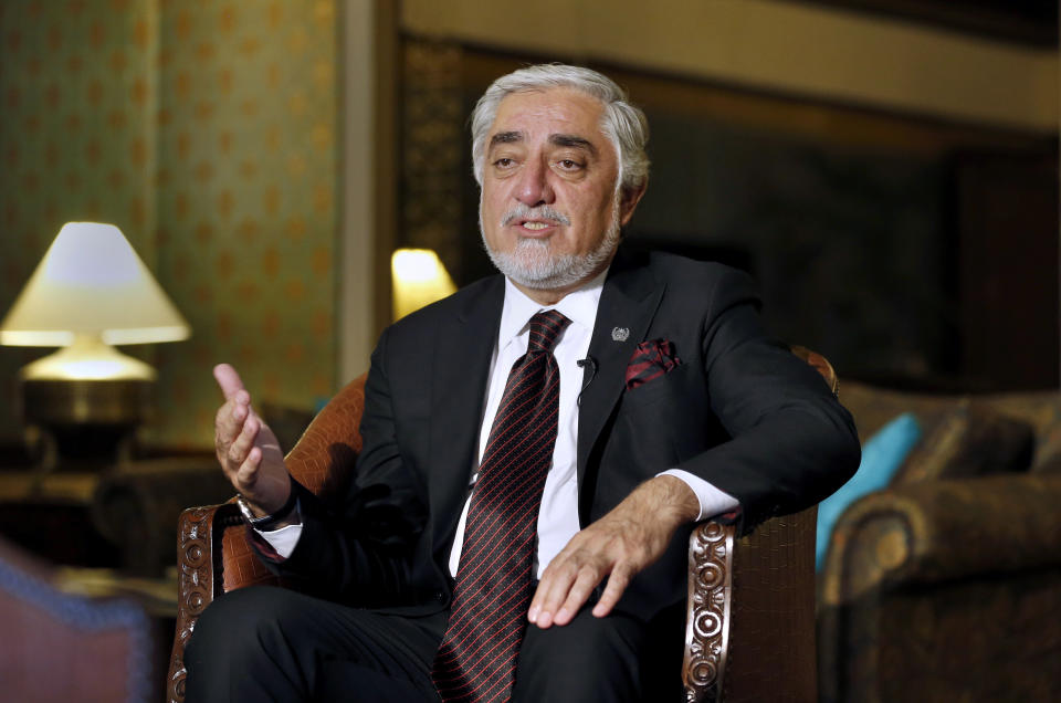 Abdullah Abdullah, chairman of Afghanistan's High Council for National Reconciliation, speaks during an interview with The Associated Press, in Islamabad, Pakistan, Wednesday, Sept. 30, 2020. Abdullah ended a three-day visit to Pakistan optimistic the uneasy neighbors had turned a corner away from a relationship marked by suspicion and downright hostility toward one akin to a partnership for peace in the region. (AP Photo/Anjum Naveed)