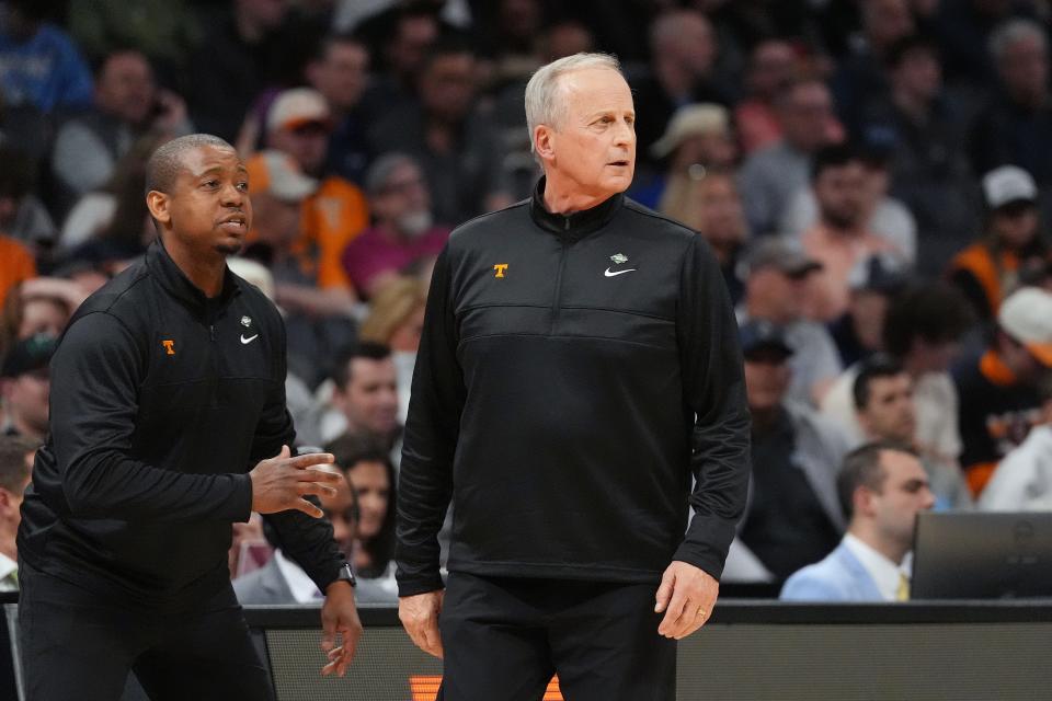 Tennessee head coach Rick Barnes watches during the first half of Thursday night's first-round win over Saint Peter's in the NCAA Tournament at Spectrum Center in Charlotte, N.C.