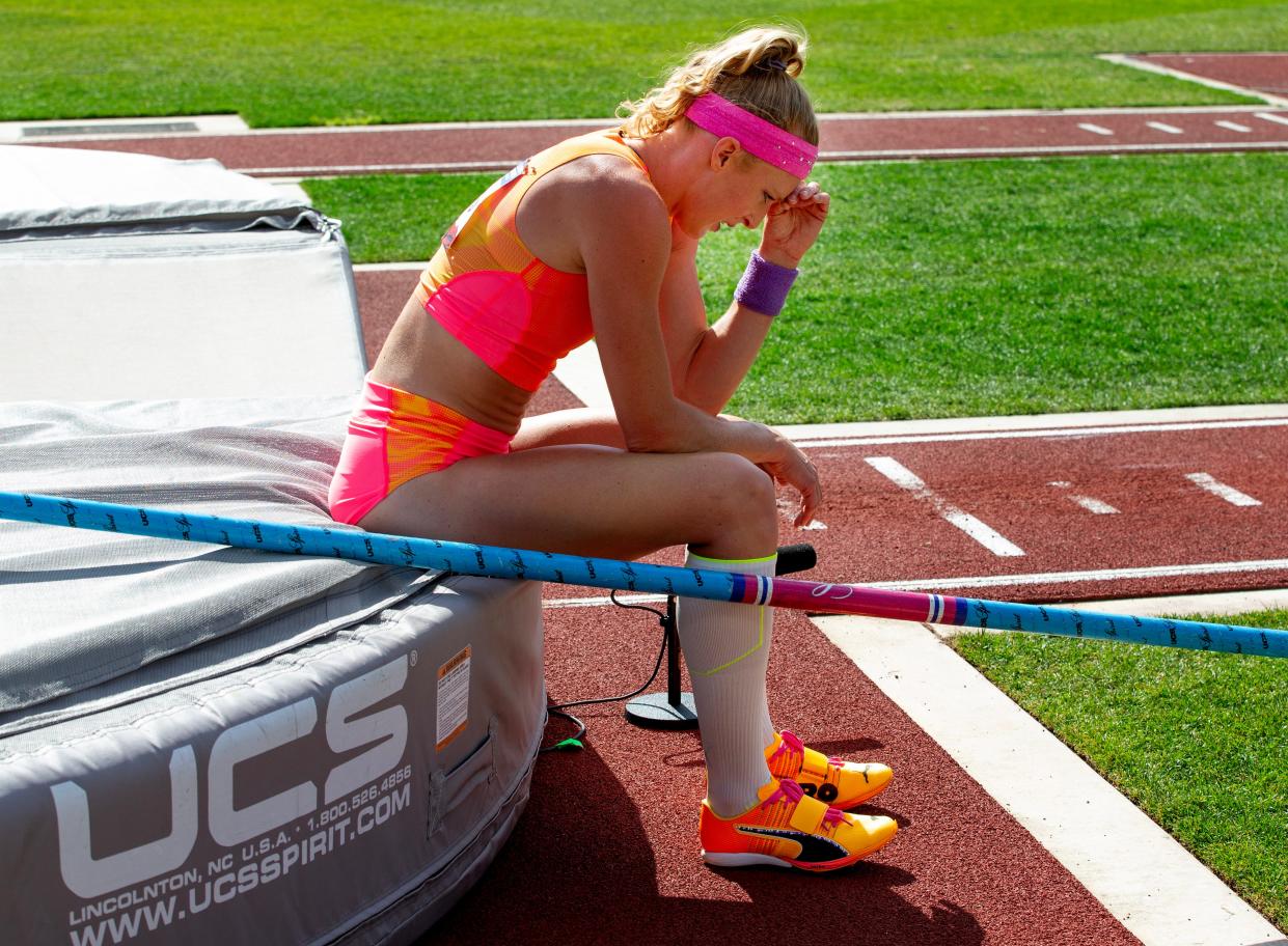 Sandi Morris collects herself after finishing fourth in the women’s pole vault on final day of the U.S. Olympic Track & Field Trials in Eugene Sunday, June 30, 2024.