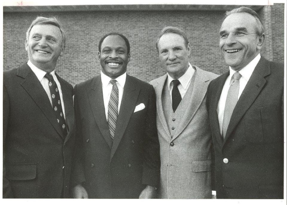 Ohio State Heisman Trophy winners, from left, Les Horvath (1944); Archie Griffin (1974-75); Howard "Hopalong" Cassady (1955); and Vic Janowicz (1950) pose for a photo in October 1985.