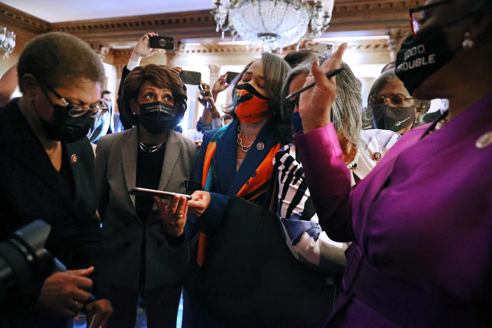 Members of the Congressional Black Caucus,  from left, Reps. Karen Bass, D-Calif.;  Maxine Waters, D-Calif.; Lisa Blunt Rochester, D-Del.; and caucus chair Joyce Beatty, D-Ohio, react to the verdict in the Derick Chauvin murder trial  April 20 in Washington. Chauvin was found guilty on all three charges in the murder of George Floyd.