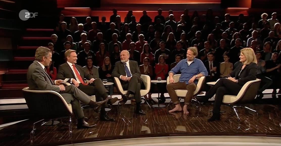 Zu Gast bei Markus Lanz (v.l.): Christian Lindner, Hans-Werner Sinn, Erling Kagge und Kristina Dunz. (Bild: Screenshot ZDF)