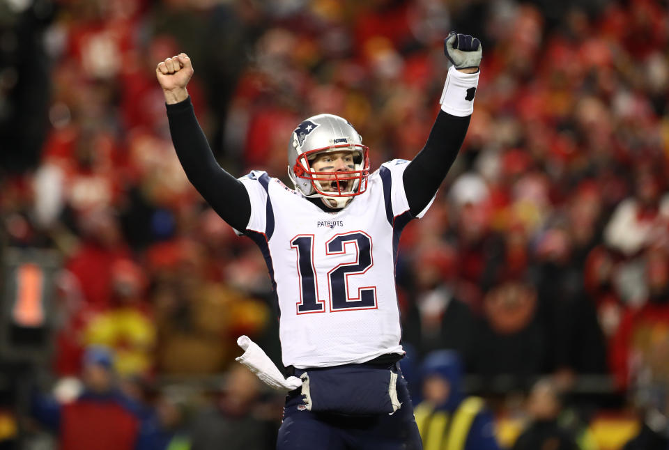 Tom Brady celebrates the victory over the Kansas City Chiefs in the AFC championship game that advanced New England to Sunday's Super Bowl. (Photo: Getty Editorial)