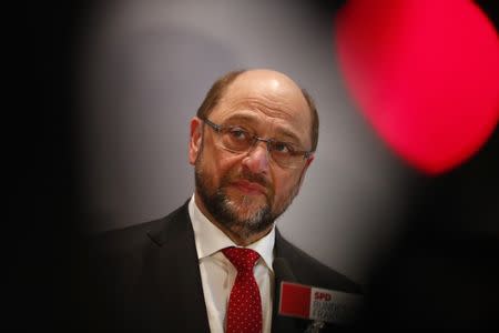 Former European Parliament president Martin Schulz addresses the media after a Social Democratic Party SPD parliamentary fraction meeting in Berlin, Germany, January 25, 2017. REUTERS/Fabrizio Bensch