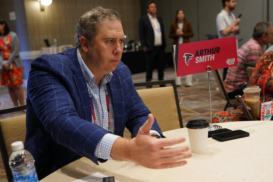 Atlanta Falcons head coach Arthur Smith speaks during the NFC head coaches availability at the NFL football meetings, Tuesday, March 28, 2023, in Phoenix. (AP Photo/Matt York)