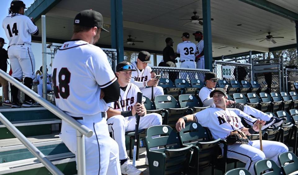 Modesto Nuts players wait and have their photographs taken during media day at John Thurman Field in Modesto, Calif., Tuesday, April 2, 2024. The Nuts home opener is Tuesday April 9.